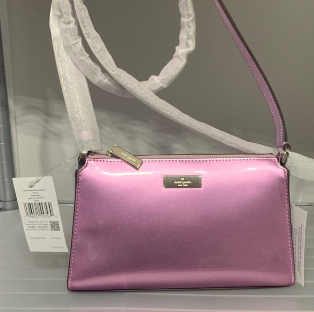 NWT Kate Spade Kenzie GLITTERED Patented Fabric In Quartz Pin Crossbody - Picture 9 of 9
